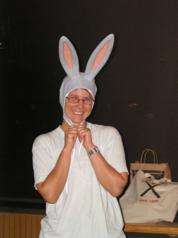 Ellen tries to get better reception with her new bunny ears.